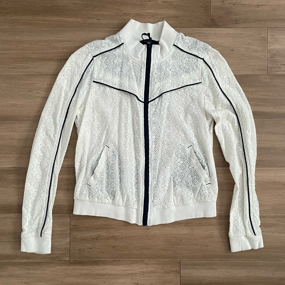 Free People Bomber Jacket, Embroidered Eyelet Lace, White, size M